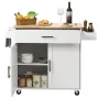 Kitchen Island Cart with Solid Wood Top, 90 cm Width Mobile Carts with Storage Cabinet, Rolling Kitchen Table with Spice Rack, T