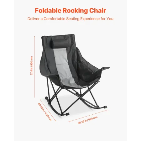 VEVOR Rocking Camping Chair, Portable Folding Rocker, Heavy-Duty Lawn Chair Recliner with Cupholder & Pocket, Supports 225lbs, F