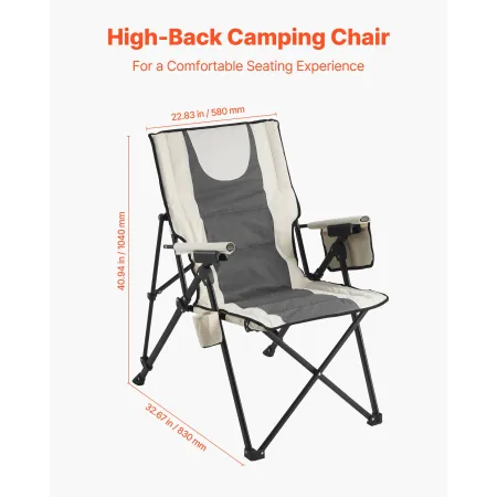 Folding Camping Chair, 3 Reclining Positions, Outdoor High Back Camping Chair, 260lbs Weight Capacity, Full Padded Beach Chairs 