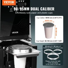 VEVOR Fully Automatic Cup Sealing Machine, 500-650 Cups/H, Cup Sealer Machine for 190 mm Tall & 90/95 mm Cup, Electric Boba Tea 