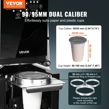 VEVOR Fully Automatic Cup Sealing Machine, 500-650 Cups/H, Cup Sealer Machine for 190 mm Tall & 90/95 mm Cup, Electric Boba Tea 