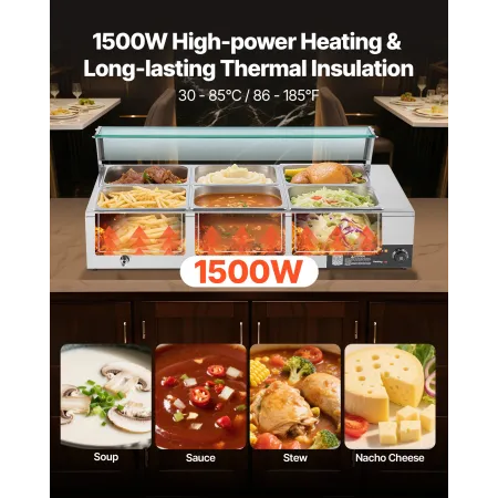 Commercial Food Warmer, 1500W Electric Stainless Steel Steam Food Warmer with Glass Cover, 6 x 1/2 Size Pans Buffet Bain Marie w