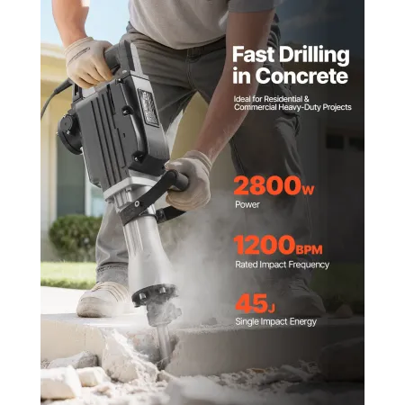 Demolition Jack Hammer, 2800 W Powerful Electric Jackhammer, 1200 BPM Concrete Breaker with a Point Chisel, a Flat Chisel, Carry