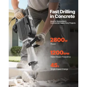 VEVOR Demolition Jack Hammer, 2800 W Powerful Electric Jackhammer, 1200 BPM Concrete Breaker with 3 Chisels, a Clay Spade, Carry