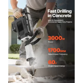 VEVOR Demolition Jack Hammer, 3000 W Kraftig elektrisk Jackhammer, 1700 BPM Betonhammer med en spidsmejsel, bæretaske,