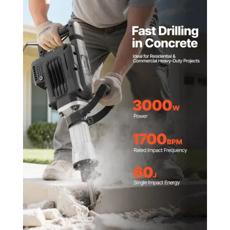 VEVOR Demolition Jack Hammer, 3000 W Kraftig elektrisk Jackhammer, 1700 BPM Betonhammer med en spidsmejsel, bæretaske,