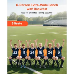 Portable Folding Bench, 6 Seat Foldable Soccer Bench with Side Pockets and Carrying Bag, Lightweight Sideline Seating with Back 