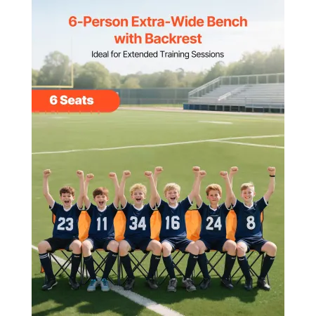 Portable Folding Bench, 6 Seat Foldable Soccer Bench with Side Pockets and Carrying Bag, Lightweight Sideline Seating with Back 