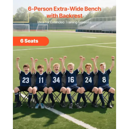 Portable Folding Bench, 6 Seat Soccer Bench with Multiple Storage Pockets & Carrying Bag, Lightweight Sideline Seating with Back