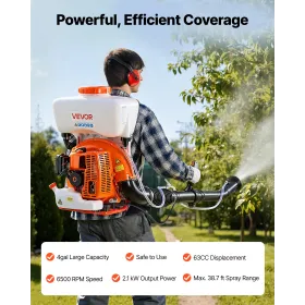 VEVOR rygsæk tågesprøjte, 63CC 3HK motor, gasdrevet tågesprøjte med 16L tank, pulver og flydende Mister Duster System