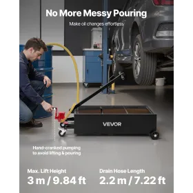VEVOR Low Profile Oil Drain Pan, 94.6 L Capacity, Rolling Oil Drain Pan with Manual Pump, 2.2 m Hose & T Folding Handle, Leak-pr