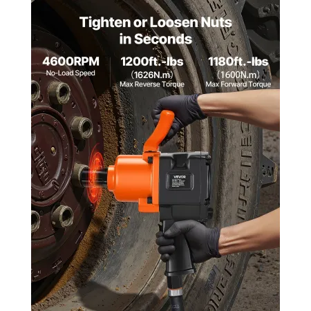 VEVOR 1-Inch Air Impact Wrench, Twin Hammer Air Impact Gun, Up to 1626N.m Reverse Torque, 4600RPM 6-Speed Pneumatic Wrench for H
