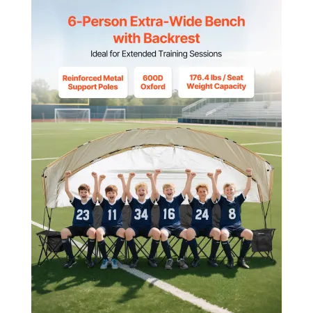 VEVOR bærbar foldebænk, 6-sæders fodboldbænk med opbevaringslommer, kopholdere og bæretaske, letvægtssidepladser
