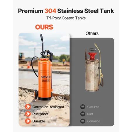 VEVOR Industrial Concrete Sprayer with Wheeled Cart, 19L Stainless Steel Sprayer, Heavy Duty Tri-Poxy Pump Sprayers, 52cm Wand, 