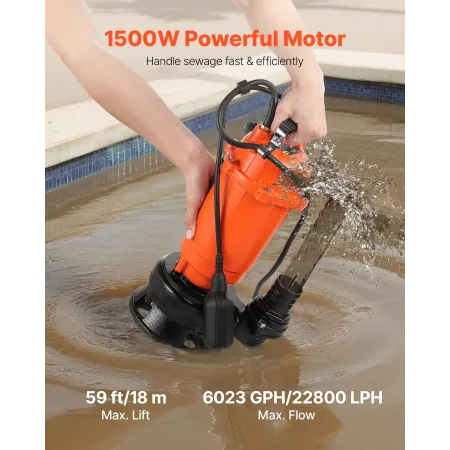 VEVOR 1500W Submersible Trash Pump, 22800 L/H, Cast Iron Submersible Sump Sewage Pump with Automatic Float Switch, 18M Max Lift,