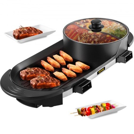 2 in 1 BBQ Pan Grill and Hot Pot with Divider Multifunctional Teppanyaki Grill Pot, Separate Dual Temperature Control Electric