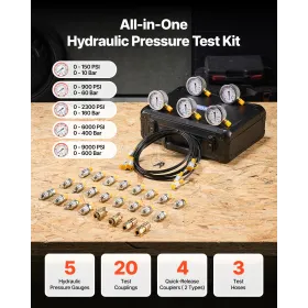 Hydraulic Pressure Test Kit, 10/60/160/400/600 Bar (150/900/2300/6000/9000 PSI), Hydraulic Gauge Kit 5 Gauges 20 Couplings 4 Qui