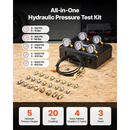 VEVOR Hydraulic Pressure Test Kit, 10/60/160/400/600 Bar (150/900/2300/6000/9000 PSI), Hydraulic Gauge Kit 5 Gauges 20 Couplings