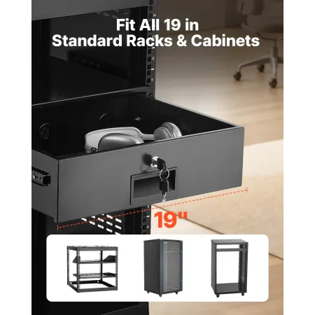 VEVOR 3U Rack Mount Drawer, 22.68 kg Max Load-Bearing, Lockable Server Cabinet Case, Sliding Drawer with Lock and Cable Manageme