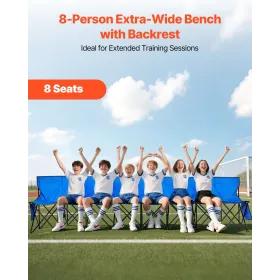 Portable Folding Bench, 8 Seat Foldable Soccer Bench with Side Pockets and Carrying Bag, Lightweight Sideline Seating with Back 