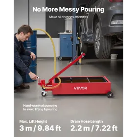 Low Profile Oil Drain Pan, 75.7 L Capacity, Rolling Oil Drain Pan with Manual Pump, 2.2 m Hose & T Folding Handle, Leak-proof & 