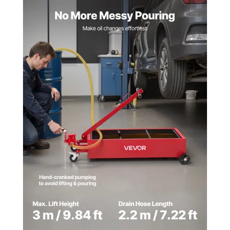 VEVOR Low Profile Oil Drain Pan, 75.7 L Capacity, Rolling Oil Drain Pan with Manual Pump, 2.2 m Hose & T Folding Handle, Leak-pr