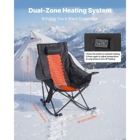 Heated Camping Chair, 3 Heating Settings, Large-Sized Padded Folding Rocker, Heavy Duty Outdoor Lawn Chairs with Pocket & Cuphol