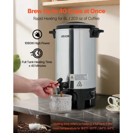 Commercial Coffee Urn, 40 Cup 6 L Hot Beverage Dispenser with Dripless Faucet, Quick-Brewing Commercial Coffee Maker, Automatic 