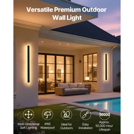 Outdoor Wall Lights, 2 Pack, 800 mm Long Strip Modern Exterior Wall Sconce Light Fixtures, 3000K Warm White, IP65 Waterproof Ant
