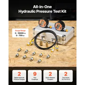 VEVOR Digital Hydraulic Pressure Test Coupling Kit, 700 Bar Pressure Gauge Manometer Tester with 2 Gauges, 9 Test Couplings, 2 Q