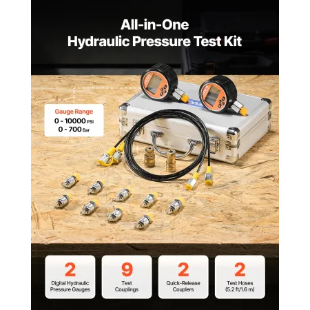Digital Hydraulic Pressure Test Coupling Kit, 700 Bar Pressure Gauge Manometer Tester with 2 Gauges, 9 Test Couplings, 2 Quick-R