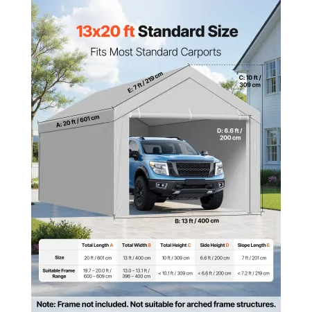 VEVOR Carport Replacement Canopy, 6 x 4 m Potable Garage Tent Top Tarp with Sidewalls, UV-Resistant & Waterproof, Heavy Duty Car