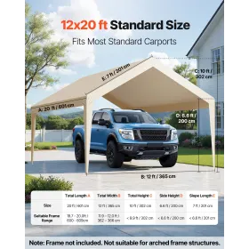 VEVOR Carport Udskiftning Canopy, 3,6 x 6 m Drikkegarage Telt Top Tarp, UV-resistent og vandtæt Car Shelter Tarp, Heavy Duty