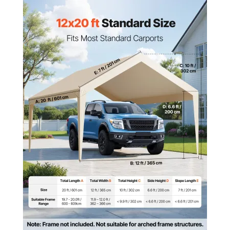 VEVOR Carport Replacement Canopy, 3.6 x 6 m Potable Garage Tent Top Tarp, UV-Resistant & Waterproof Car Shelter Tarp, Heavy Duty