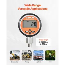 VEVOR Digital Hydraulic Pressure Gauge, 0-700 Bar (0-10000 PSI) Hydraulic Pressure Sensor, Manometer Tester with NPT Base Entry 