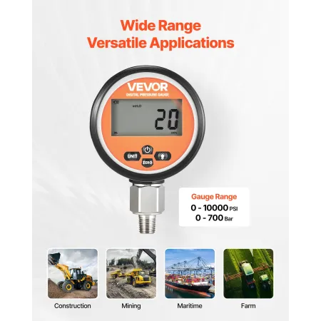 VEVOR digital hydraulisk trykmåler, 0-700 bar (0-10000 PSI) hydraulisk tryksensor, manometertester med NPT-baseindgang