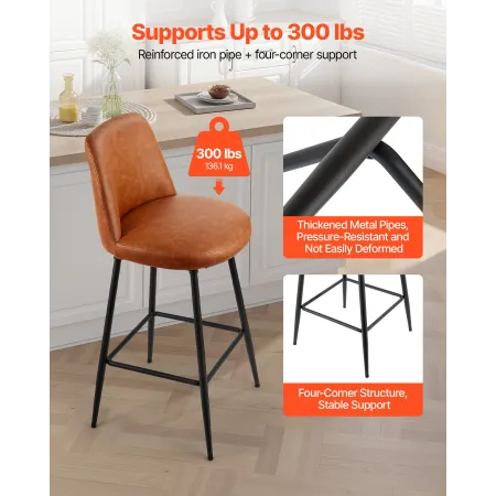 Bar Stool Set of 2, 69cm Counter Height Swivel Stools, Modern PU Leather Counter Barstool with Backrest and Metal Legs, Armless 