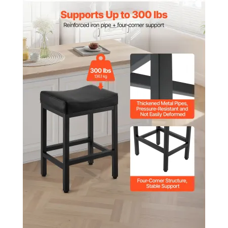 Bar Stool Set of 2, PU Leather Counter Height Stools, 62cm Barstool with Saddle-Seat and Metal Legs, Easy Assembly Backless Bar 