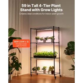 VEVOR Plant Shelf with Grow Light, 4-Tier Indoor Plant Stand, 150 cm Tall Plants Display Rack with Wheels, 90W 3-Color Full Spec