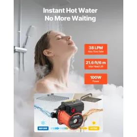 Hot Water Recirculating Pump, 38 LPM, Instant Circulation Circulator Pump System, 3-Speed Control, 100W, AC 220-240V, G3/4 in to