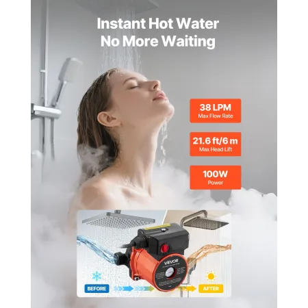 Hot Water Recirculating Pump, 38 LPM, Instant Circulation Circulator Pump System, 3-Speed Control, 100W, AC 220-240V, G3/4 in to