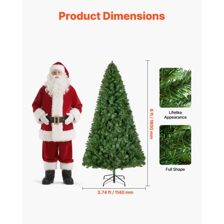 VEVOR Christmas Tree, 1.8m Artificial Xmas Tree, Full Holiday Decor Trees with 1250 Branch Tips & Sturdy Metal Base for Home Par