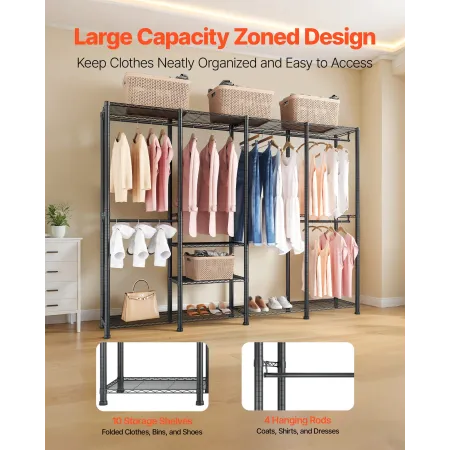 Clothing Garment Rack, Heavy Duty Closet Wardrobe, Adjustable Tiers Clothes Racks with Steel Frame, 499 kg Load Capacity Clothes