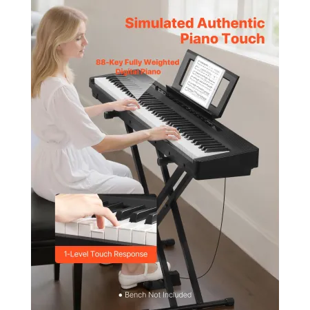 VEVOR Weighted Digital Piano, 88 Keys Fully Weighted, Electric Piano Dual Keyboard & Speakers with X Stand, Sustain Pedal, Recor