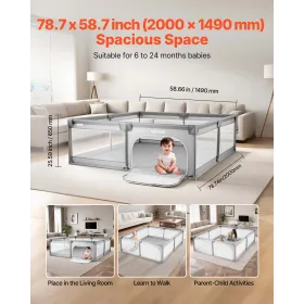 VEVOR babykralegård, 2000 x 1490 mm stor kravlegård til småbørn, indendørs/udendørs babyhegnslegegård med 50 havbolde, dør med