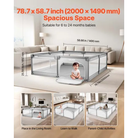 VEVOR babykralegård, 2000 x 1490 mm stor kravlegård til småbørn, indendørs/udendørs babyhegnslegegård med 50 havbolde, dør med