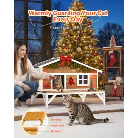 Insulated Cat House, All-Around Foam Insulation Elevated Cat Shelter, Wooden Feral Kitty Shelter with Large Platform, Waterproof