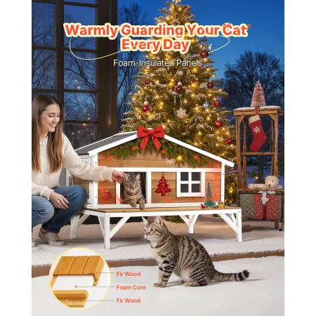 VEVOR Insulated Cat House, All-Around Foam Insulation Elevated Cat Shelter, Wooden Feral Kitty Shelter with Large Platform, Wate