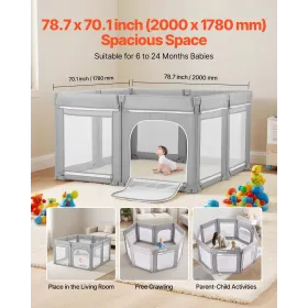 VEVOR babykralegård, 2000 x 1780 mm ekstra stor kravlegård til småbørn, foldbar babyhegnslegegård med lynlåsdør og blød åndedræt