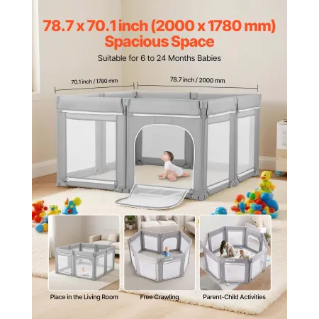VEVOR babykralegård, 2000 x 1780 mm ekstra stor kravlegård til småbørn, foldbar babyhegnslegegård med lynlåsdør og blød åndedræt